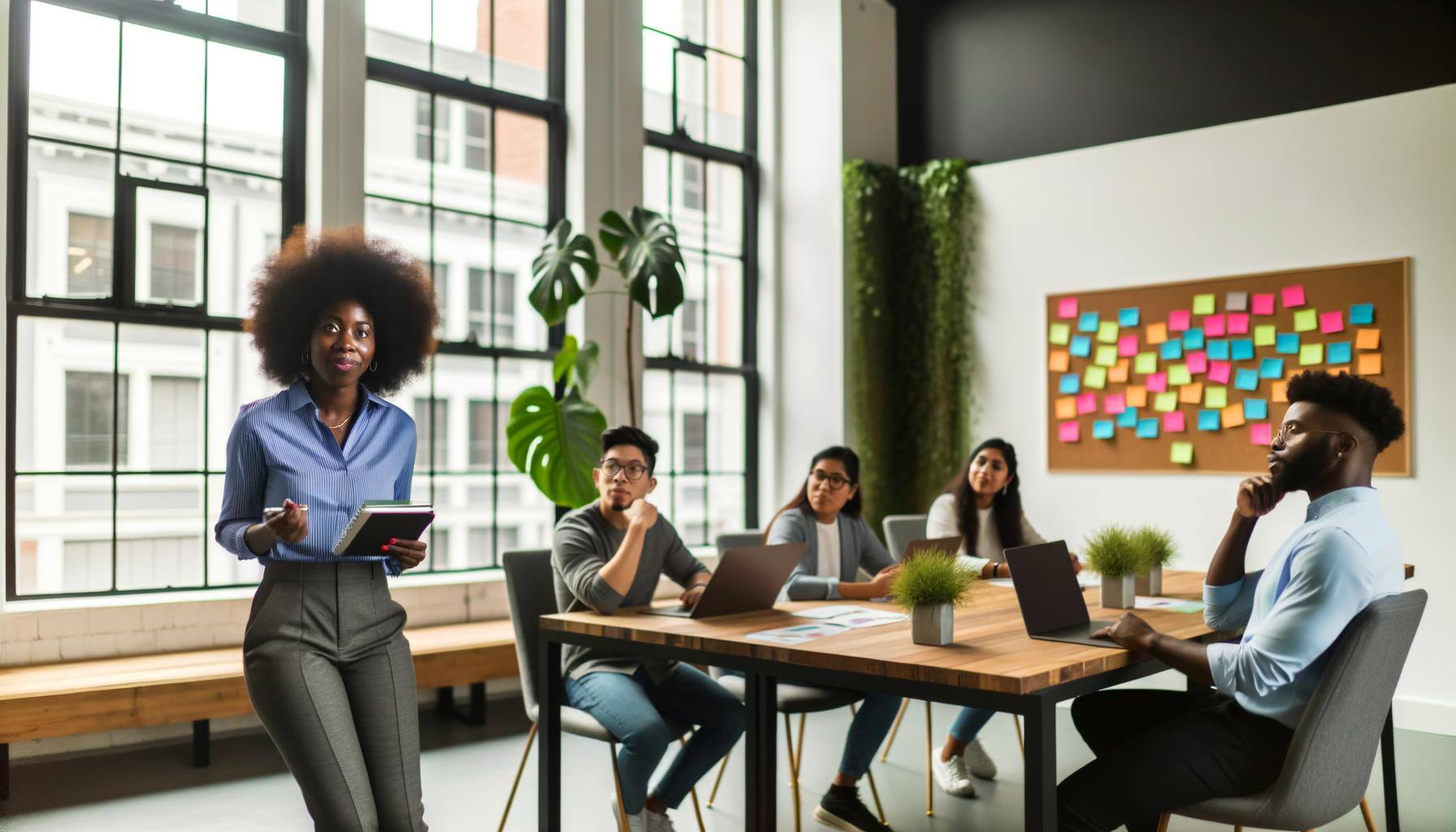 A Black woman with curly hair stands next to a modern conference table in an open office space filled with natural light that streams through big wind