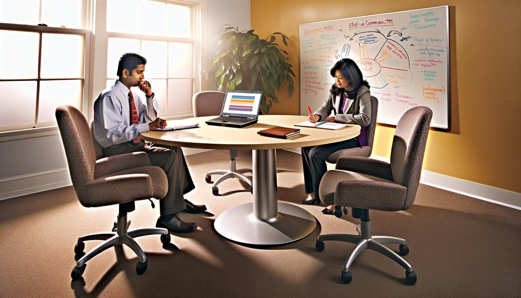 Interpret a modern office setting underscored by a prominent, round table at its heart. Four plush chairs form a cluster around the table. On the tabl